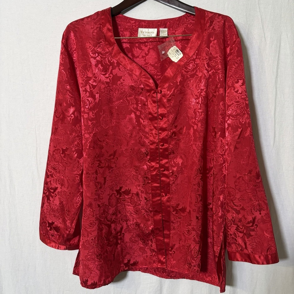 Vintage Victoria's‎ Secret 100% Silk Red Kimono Size Large Gold Label Button New